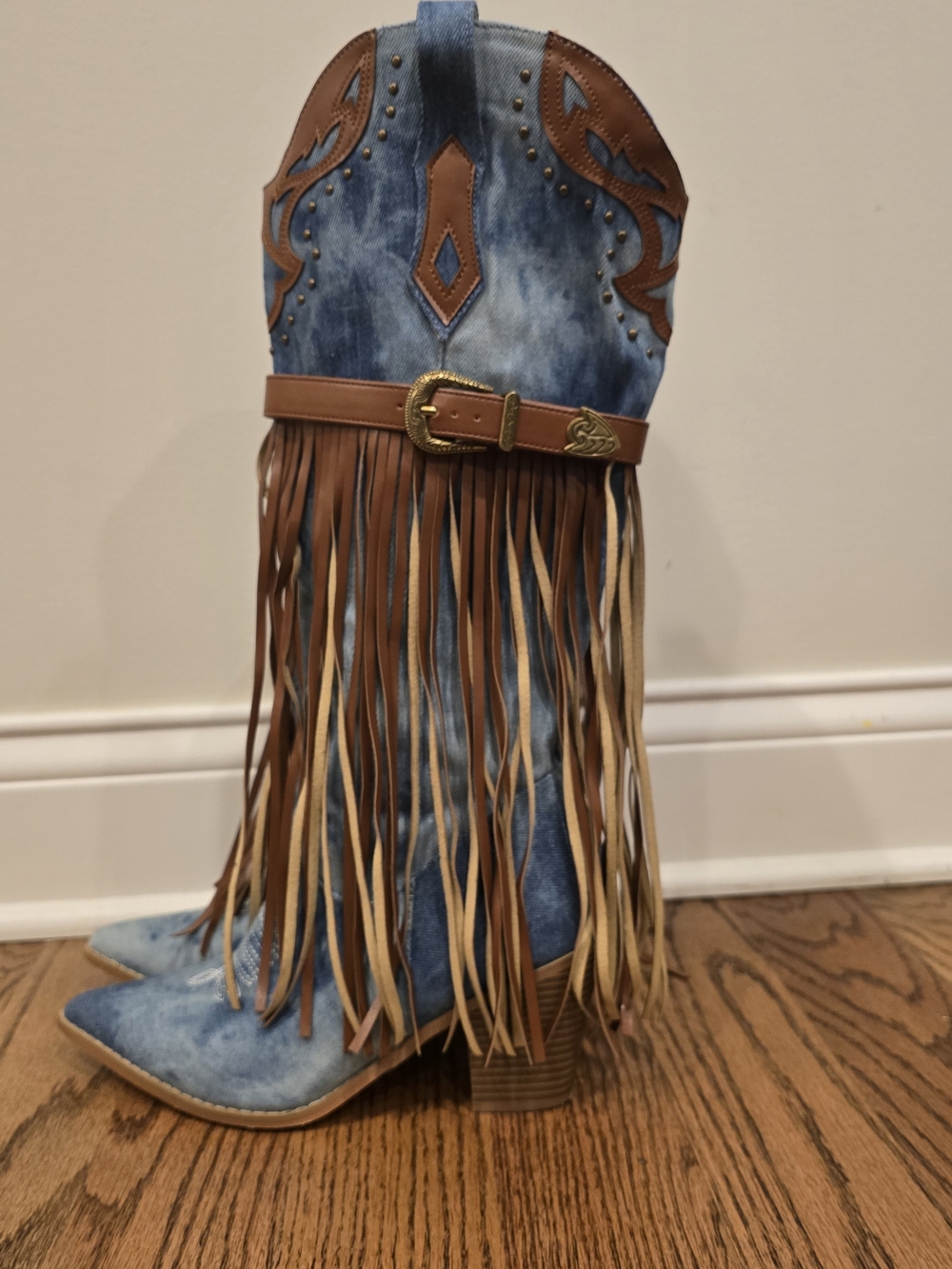 Blue Denim Fringe Western Knee Boots - Women's - Picture 2 of 11